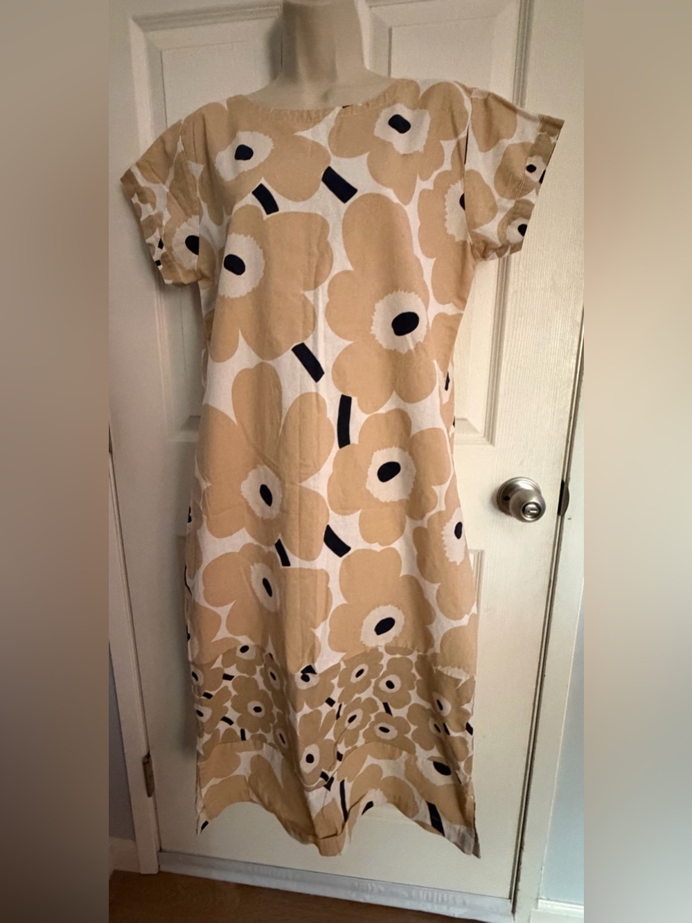 Marimekko Unikko Floral Print Linen Blend Shift Dress Midi Neutral Beige